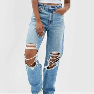 American Eagle Super High Rise Baggy Straight Jeans Medium Wash Distressed 12
